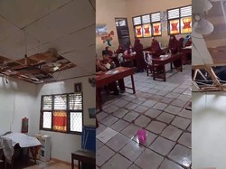 Miris, Siswa SD di Lampung Selatan Belajar dalam Kelas yang Bocor