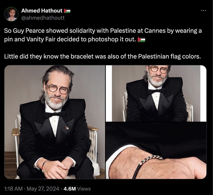 Vanity Fair France mengkritik foto pin bendera Palestina yang dihapus karena photoshopping