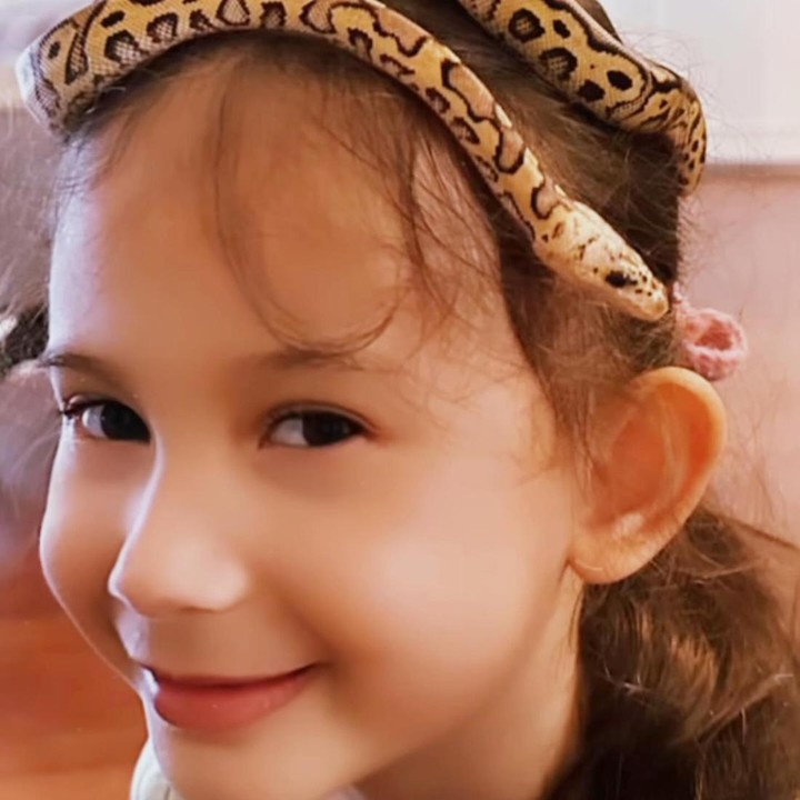 <p>Arabella Amaral yang kini hampir berusia 5 tahun terlihat sangat berani ketika bermain bersama ular. Ia bahkan meletakkan ular tersebut di kepalanya bak sebuah mahkota. (Foto: Instagram @aurakasih)</p>