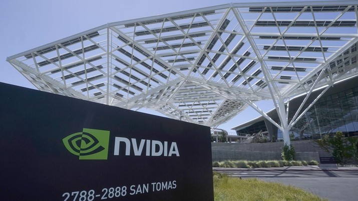 Gedung perkantoran Nvidia ditampilkan di Santa Clara, California, 31 Mei 2023. Nvidia melaporkan pendapatan pada Rabu, 22 Mei 2024. (AP Photo/Jeff Chiu/File Foto)