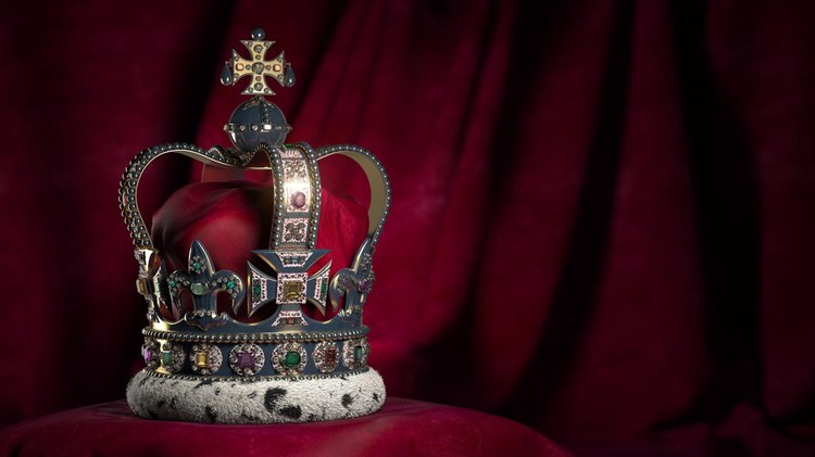 Ilustrasi mahkota Royal golden crown with jewels on pillow on pink red background. Symbols of UK United Kingdom monarchy. 3d illustration