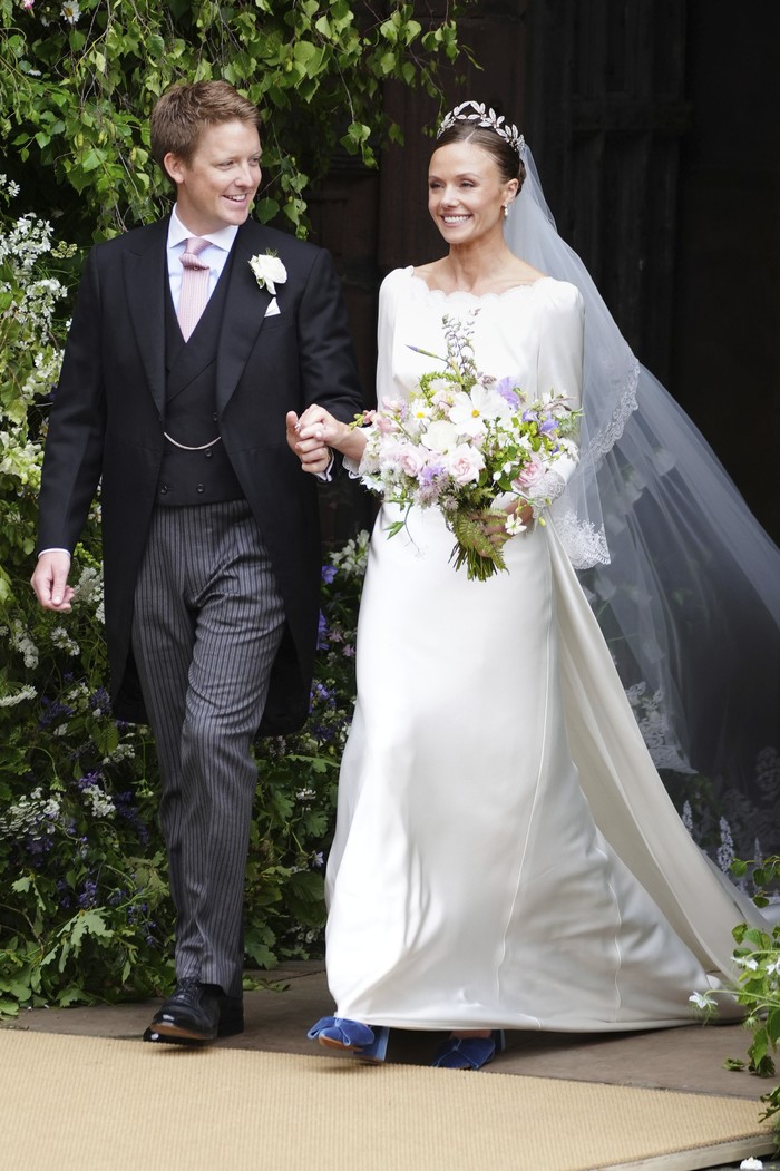 Britain's Prince William, center, leaves Chester Cathedral after the wedding of Olivia Henson and Hugh Grosvenor, the Duke of Westminster, Friday June 7, 2024. (Peter Byrne/PA via AP)