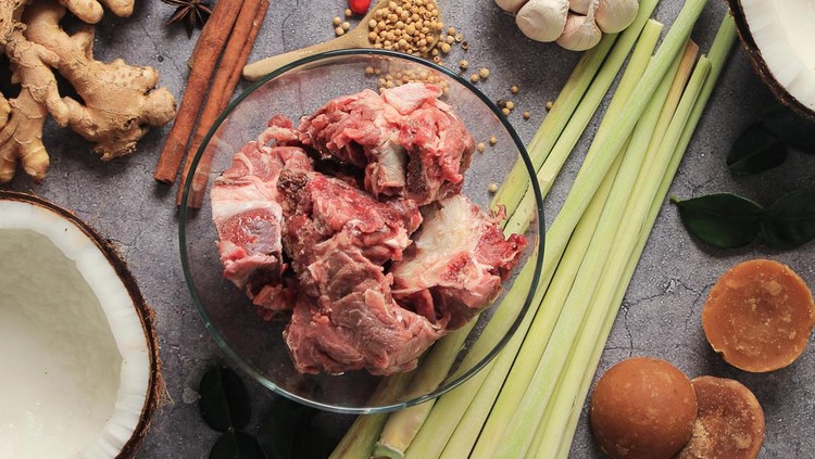 Meat and Spices  Preparation Cooking for Ied al Adha or Ied Al Fitr, Top View. Indonesian Cooking Ingredient for Sate or Gule