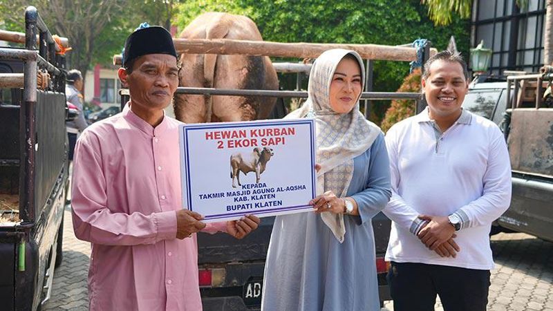 Pemerintah Kabupaten (Pemkab) Klaten melalui Bupati Sri Mulyani menyerahkan hewan kurban Iduladha 1445 H berupa 12 ekor sapi dan 45 ekor kambing