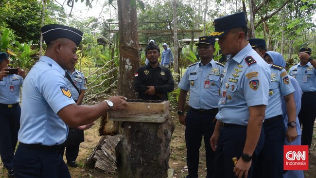 Anggota TNI AU Serka Meldi Wahyuda bersama warga membudidayakan lebah madu jenis trigona di Gunung Demit, Desa Sri Bintan, Kabupaten Bintan, Kepulauan Riau.