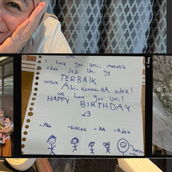 <p>Dian juga mendapatkan hadiah berupa ucapan ulang tahun yang ditulis di sebuah kertas oleh anak-anaknya. "<em>I love u</em> Umi, makasih udah jadi Umi yang terbaik untuk Abi, Kakak, Aa, Adek! <em>We love you</em> Umi!<em> HAPPY BIRTHDAY,</em>" tulis mereka. (Foto: Instagram@omehsomesh)</p>