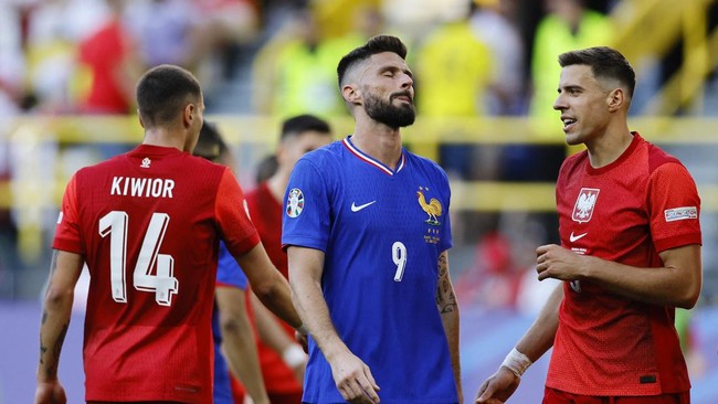 Prancis gagal jadi juara grup setelah bermain imbang 1-1 melawan Polandia pada laga pemungkas Grup D Euro 2024.