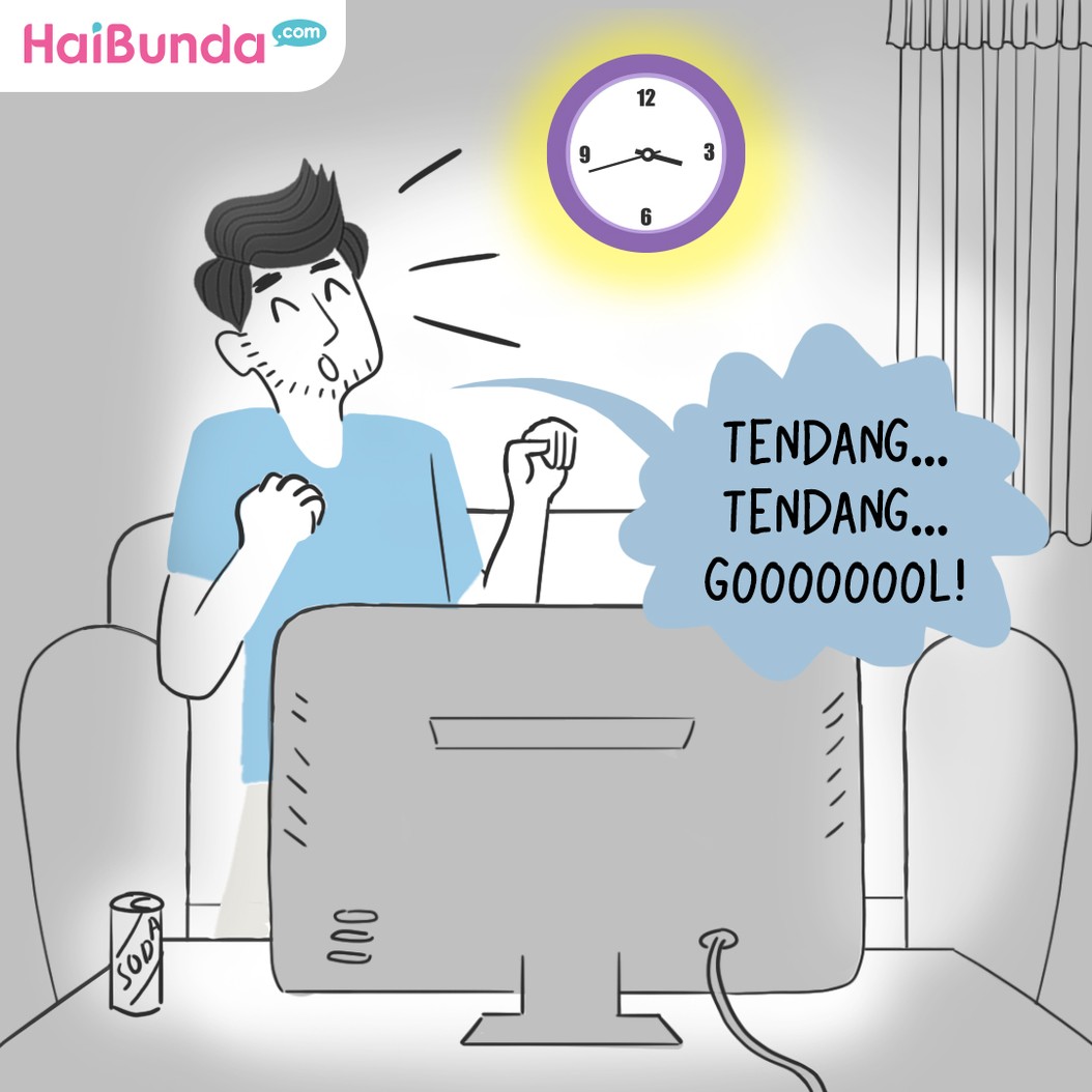 Ayah lagi bersiap nonton bola, sampai rela berlangganan baru. Saking serunya nonton bola sampai pagi, apakah paginya ayah bangun tepat waktu untuk kerja?