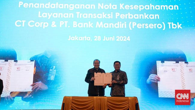 PT CT Corpora (CT Corp) menjalin sejumlah kerja sama dengan PT Bank Mandiri (Persero) Tbk pada hari ini, Jumat (28/6). Berikut daftarnya.