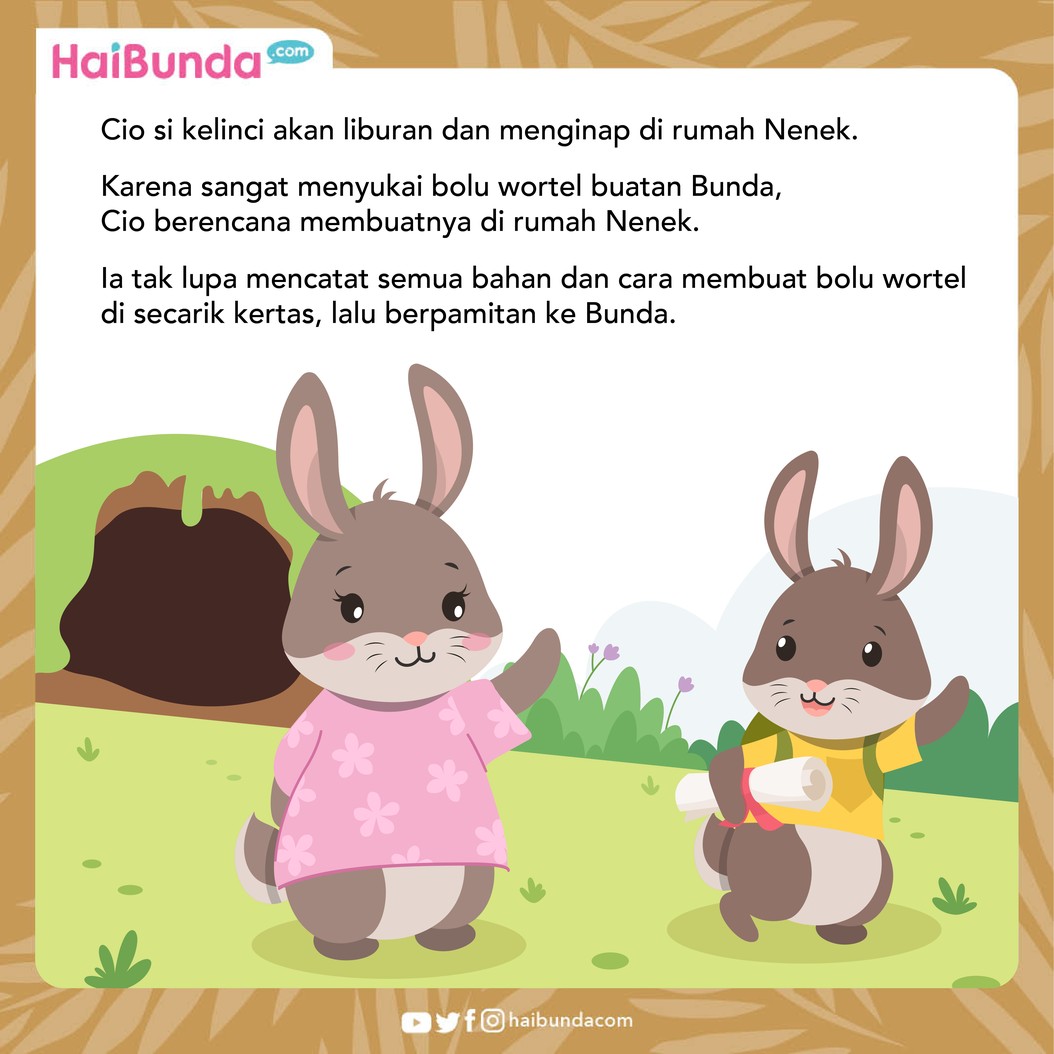 Cio si kelinci akan liburan dan menginap di rumah Nenek. Dia berencana akan membuat kue wortel yang lembut seperti buatan bunda. Apakah berhasil?