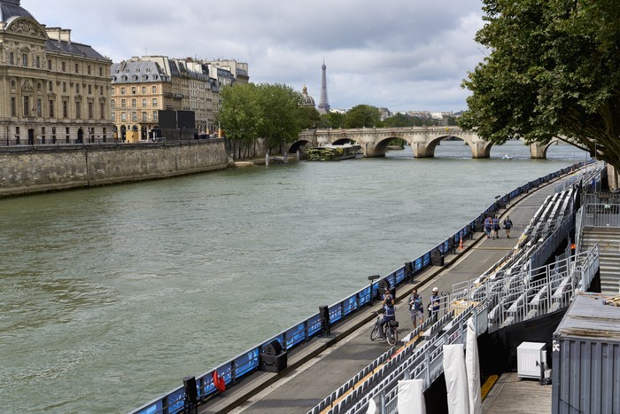 PARIS, FRANCE - JULY 23: The Seine river is seen with the Eiffeltower in the background as the city prepares to host the 2024 Olympic Games on July 23, 2024 in Paris, France. (Photo by Remon Haazen/Getty Images)