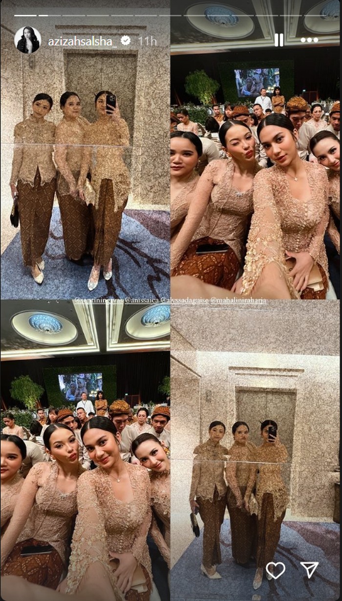 Tak mau kalah, bridesmaid Aaliyah, mulai dari Alyssa Daguise hingga Amel Carla juga tampil anggun dalam balutan kebaya beige dan kain batik. (Bridesmaid/Foto: Instagram/azizahsalsha_)