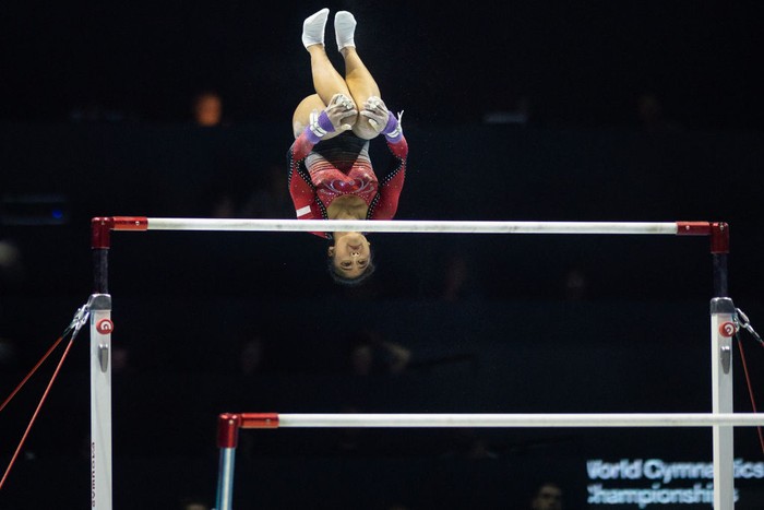 LIVERPOOL, ENGLAND - October 30: Rifda Irfanaluthfi of Indonesia performs her uneven bars routine during Women's qualifications at the World Gymnastics Championships-Liverpool 2022 at M&S Bank Arena on October 30th, 2022 in Liverpool, England. (Photo by Tim Clayton/Corbis via Getty Images)