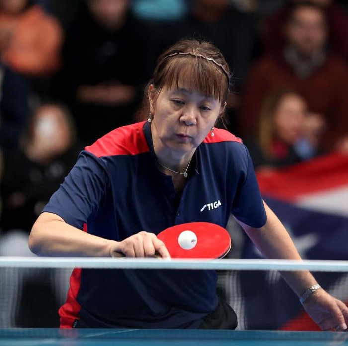 SANTIAGO, CHILE - OCTOBER 31: Zhiying Zeng of Team Chile plays against Lily Ann Zhang of Team United States in the round of 16 Women's Singles Table Tennis match at Centro de Entrenamiento Olímpico on Day 11 of Santiago 2023 Pan Am Games on October 31, 2023 in Santiago, Chile. (Photo by Ezra Shaw/Getty Images)