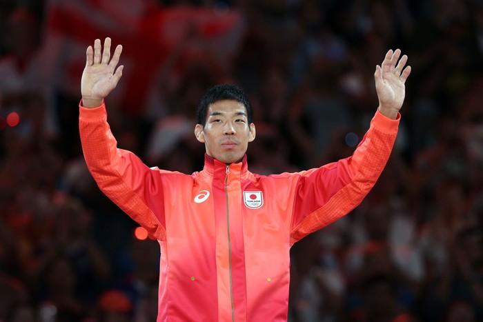 PARIS, FRANCE - JULY 30: Gold medalist Takanori Nagase of Team Japan celebrates on the podium during the Women's Judo Men -81 kg medal ceremony  on day four of the Olympic Games Paris 2024 at Champs-de-Mars Arena on July 30, 2024 in Paris, France. (Photo by Steph Chambers/Getty Images)