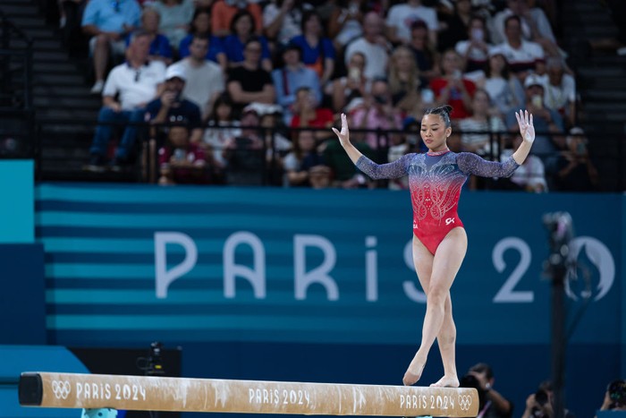 PARIS, FRANCE - AUGUST 01: Simone Biles of United States competes at the artistic gymnastics women's all-around final of the Paris 2024 Olympic Games at the Bercy Arena in Paris, France on August 01, 2024. (Photo by Aytac Unal/Anadolu via Getty Images)