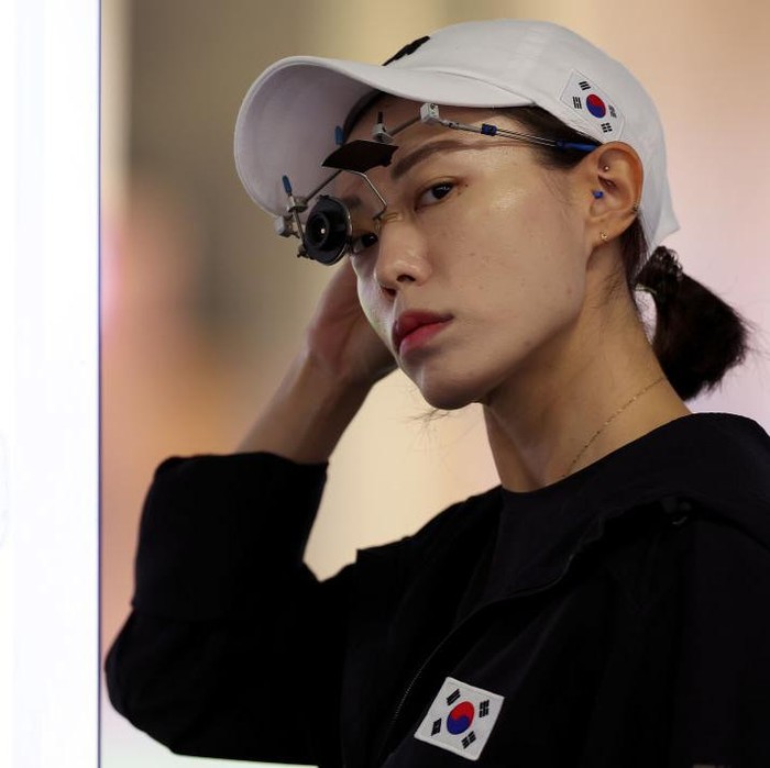 CHATEAUROUX, FRANCE - AUGUST 01: Kim Yeji of Team Republic of Korea trains during the 25m Pistol Women's Pre-Event Training on day six of the Olympic Games Paris 2024 at Chateauroux Shooting Centre on August 01, 2024 in Chateauroux, France. (Photo by Charles McQuillan/Getty Images)