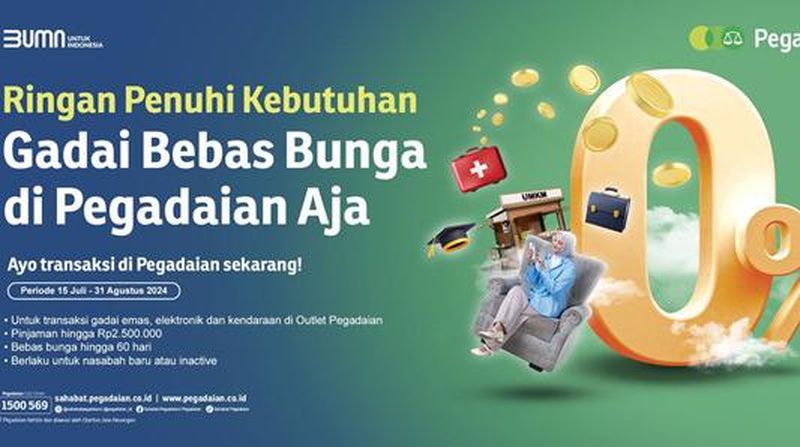 PT Pegadaian menghadirkan program Gadai Bebas Bunga yang berlangsung sejak 15 Juli sampai 31 Agustus 2024.