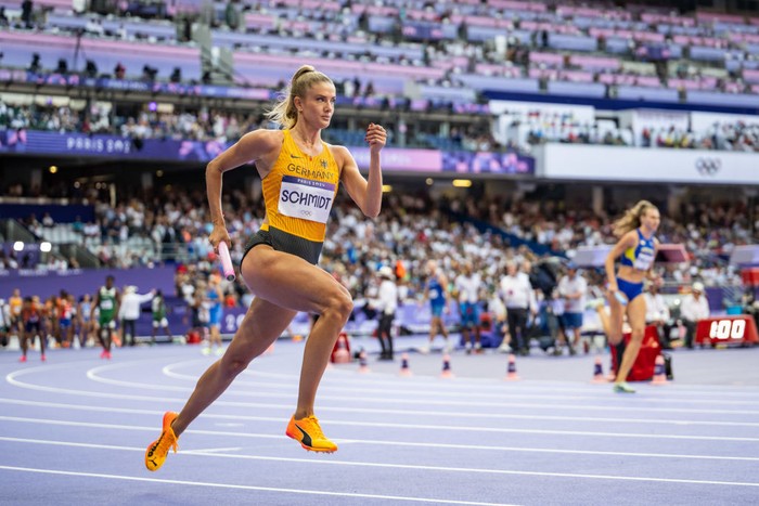 PARIS, FRANCE - AUGUST 2: Alica Schmidt of Team Germany competes during the 4 x 400m Relay Mixed Round 1 on day seven of the Olympic Games Paris 2024 at Stade de France on August 2, 2024 in Paris, France. (Photo by Kevin Voigt/GettyImages)