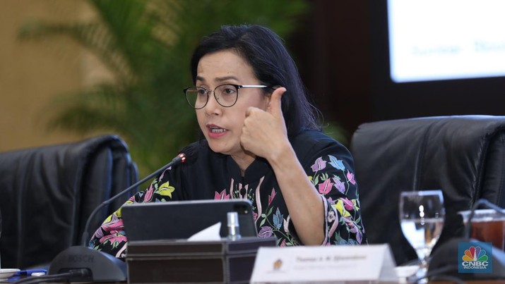 Menteri Keuangan Sri Mulyani memberikan keterangan dalam Konferensi Pers APBN KITA di kantor Kementerian Keuangan, Jakarta, Selasa (13/8/2024). (CNBC Indonesia/Tri Susilo)