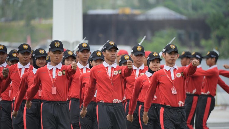 Proses latihan gabungan Paskibraka Nasional 2024 di Istana Garuda IKN.