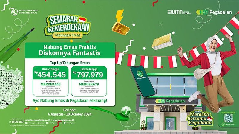 Dalam rangka menyambut hari Kemerdekaan ke-79 Republik Indonesia, PT Pegadaian menghadirkan promo spesial untuk produk Tabungan Emas.