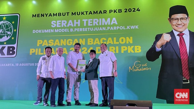 Ketua Umum PKB Muhaimin Iskandar resmi menyerahkan arsip support untuk Bobby Nasution di Pemilihan Gubernur (Pilgub) Sumatera Utara 2024.