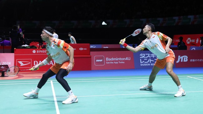 Fajar Alfian/Muhammad Rian Ardianto Ben Lane/Sean Vendy pada babak perempat final Denmark Open 2024.