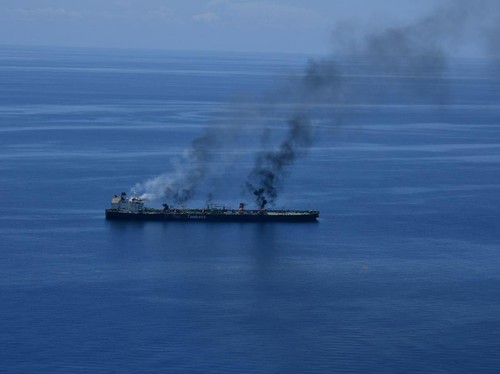Flames and smoke rise from the Greek-flagged oil tanker Sounion, which has been on fire since August 23, on the Red Sea, August 25, 2024. Yemen's Houthis said they attacked the Sounion in the Red Sea. EUNAVFOR ASPIDES/Handout via REUTERS THIS IMAGE H