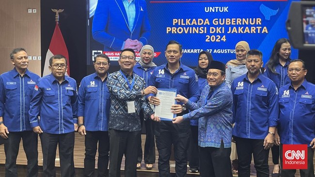 Demokrat resmi mendukung pasangan Ridwan Kamil dan Suswono di Pilgub DKI Jakarta 2024.