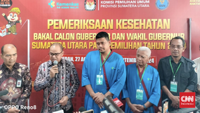 Pasangan bakal calon Gubernur Sumut Bobby Nasution dan wakilnya Surya menjalani pemeriksaan kesehatan di RSUP Haji Adam Malik untuk maju pada Pilgub Sumut.