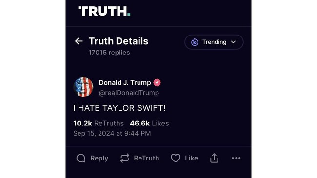 Calon Presiden AS Donald Trump mengungkap kebenciannya terhadap Taylor Swift usai penyanyi tersebut menyatakan dukungan untuk Kamala Harris di Pilpres AS