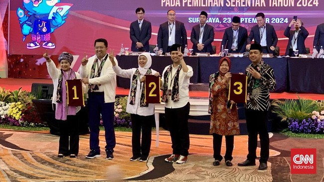 Pasangan cagub dan cawagub Luluk-Lukman mendapat pasangan nomor urut 1, Khofifah-Emil dapat nomor urut 2, dan Risma-Gus Hans memperoleh nomor urut 3.