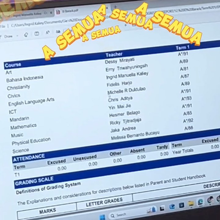 <p>Perempuan berusia 36 tahun itu menunjukkan nilai A yang El raih untuk semua mata pelajarannya. Melihat nilai-nilai tersebut, Jessica sebut hatinya seperti berdansa karena sangat senang dan mengucapkan terima kasih pada sang putra."Hatiku berdansa melihatnya @alexanderbarackel terima kasih nak," tulisnya sebagai keterangan. (Foto: Instagram @inijedar)<br /><br /><br /></p>