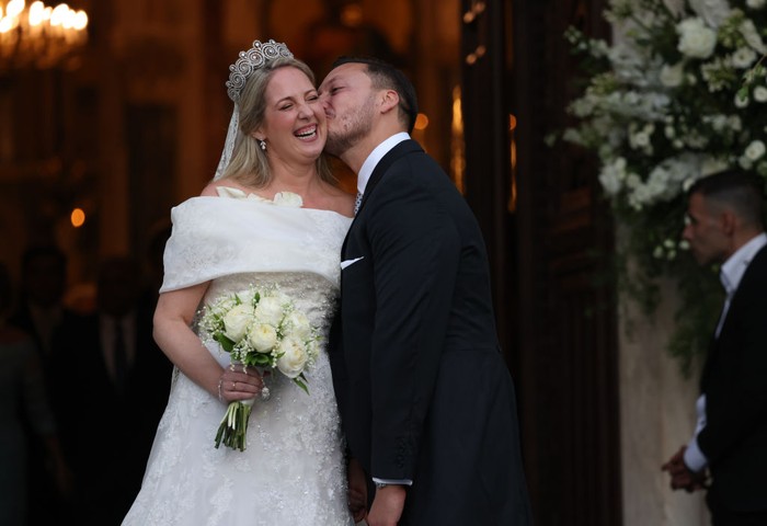 ATHENS, SPAIN - SEPTEMBER 28: Theodora of Greece and Matthew Kumar leave the Cathedral of the Annunciation of St. Mary, now husband and wife, on September 28, 2024, in Athens, Greece. (Photo By Jose Ruiz/Europa Press via Getty Images)
