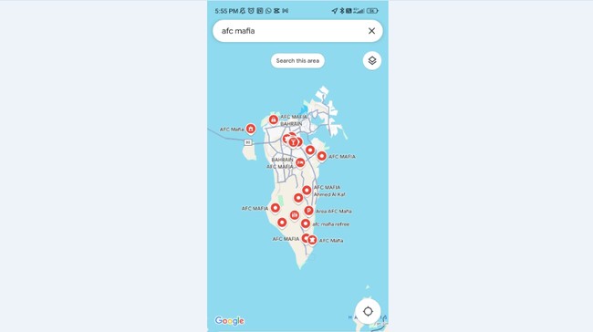 Peta Bahrain di Google Maps atau GMaps viral setelah berubah nama menjadi AFC Mafia buntut kontroversi Timnas Indonesia vs Bahrain di Kualifikasi Piala Dunia.