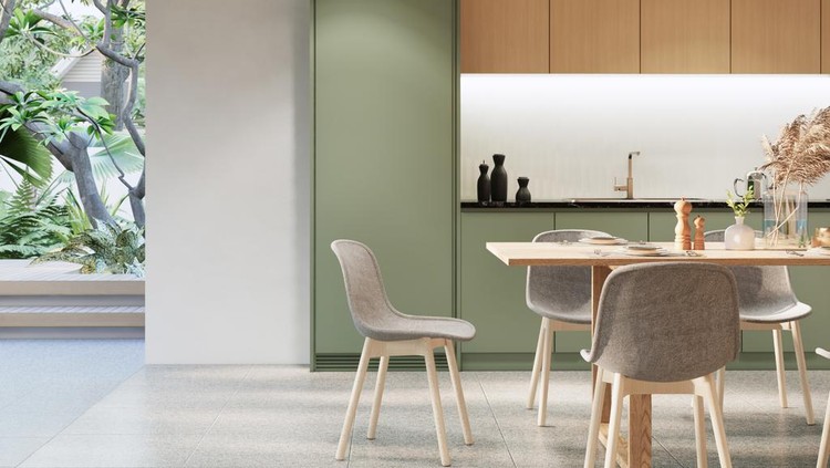 japandi modern scandinavian style apartment interior design, kitchen and dining room design, 3d background
