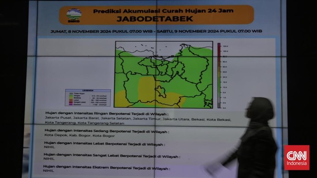 BMKG memprediksi wilayah Jabodetabek berpotensi diguyur hujan dengan intensitas ringan-sedang sepekan hingga 28 Desember 2024. Simak prediksinya.