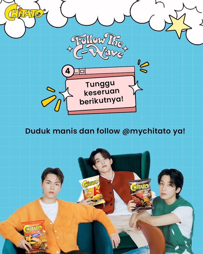 Bikin fans antusias, Chitato meluncurkan kampanye terbaru ‘Lead The Wave’ dan menggaet S.Coups, Wonwoo, and Vernon sebagai Brand Ambassador terbaru mereka. Ketiga anggota SEVENTEEN ini juga menjadi duta merek Indomilk, lho! / Foto: instagram.com/mychitato