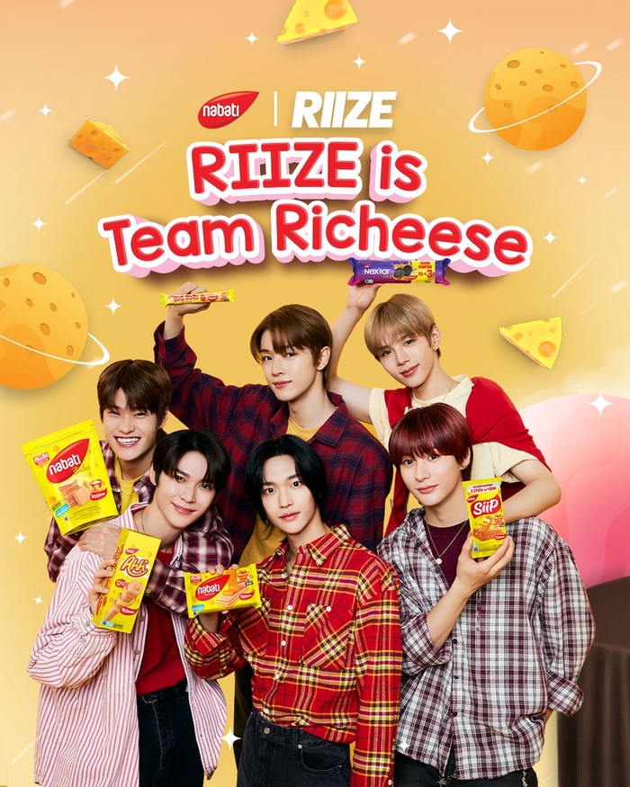 Nabati berkolaborasi dengan RIIZE untuk Richeese, produk Nabati rasa keju. Nabati bersama boyband Korea yang debut pada 4 September 2023 tersebut pun telah mengadakan meet-and-greet bertajuk ‘M&G RIIZE on Richeese Land’. / Foto: instagram.com/nabati_id
