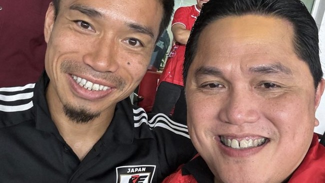 Ketua Umum PSSI Erick Thohir membagikan momen bertemu pemain senior Jepang, Yuto Nagatomo, di sela Timnas Indonesia vs Jepang pada Kualifikasi Piala Dunia 2026.