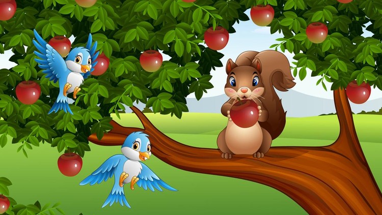Vector illustration of Cute squirrel on the apple tree