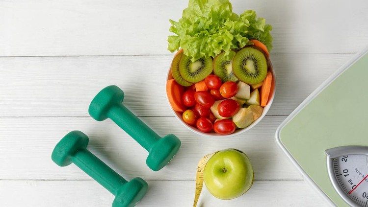 Illustrasi diet Diet Health food and lifestyle health concept. Sport exercise equipment workout with green apple and measuring tap, fresh salad for fitness style. Healthy Lifestyle Concept