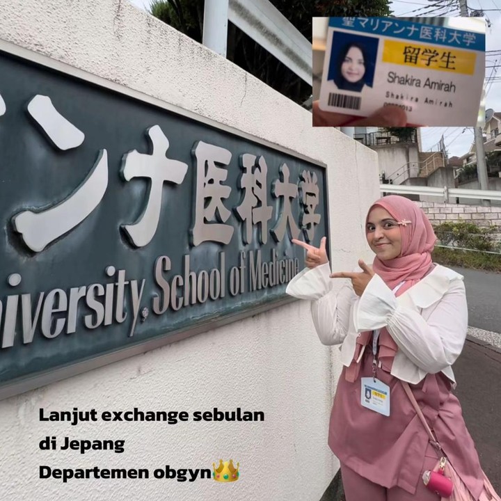 <p>Setelah kompetisi itu berakhir, Shakira kembali menjalani kegiatannya sebagai mahasiswi dengan meraih pencapaian lainnya. Ia diketahui sempat terpilih <em>student exchange</em> ke Jepang. “Lanjut <em>exchange</em> sebulan di Jepang. Departemen obgyn,” tulis Shakira, dikutip dari laman TikTok @shakiraamirah, Selasa (10/12/2024). (Foto: Instagram@shakiraamirah)</p>
