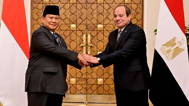 Presiden Republik Indonesia Prabowo Subianto bertemu dengan Presiden Mesir Abdel Fattah El-Sisi di Istana Kepresidenan Al Ittihadiya, Kairo, Rabu (18/12).