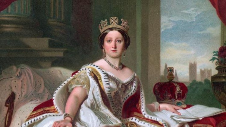 Vintage colour lithograph of Queen Victoria in her robes of State