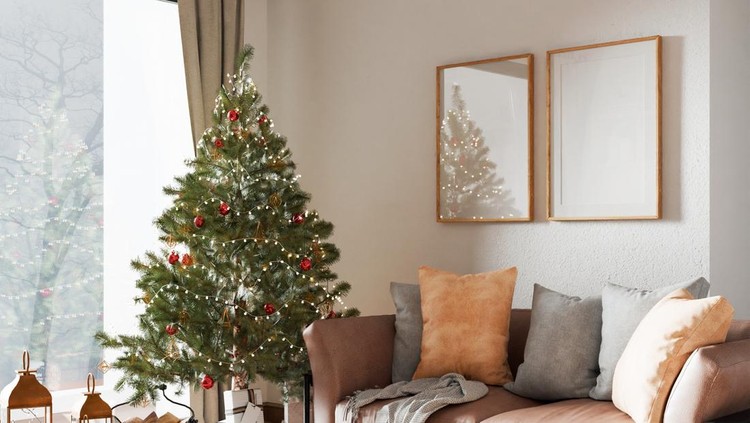 Ilustrasi hiasan Natal pada pohon cemara Christmas interior frame, living room poster empty in home design new year, element mockup annual holidays, 3d render