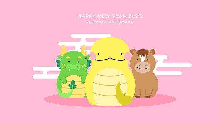 Chinese zodiac animals dragon snake and horse. Lunar new year 2025 greeting card, year of the snake cute cartoon card illustration.