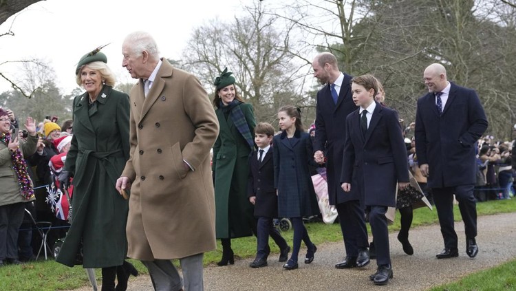 Britain's King Charles III, right, with Queen Camilla, centre, and Kate Princess of Wales, left, Prince Louis, and Prince William walk as they go to the Christmas day service at St Mary Magdalene Church in Sandringham in Norfolk, England, Wednesday, Dec. 25, 2024. (AP Photo/Jon Super)