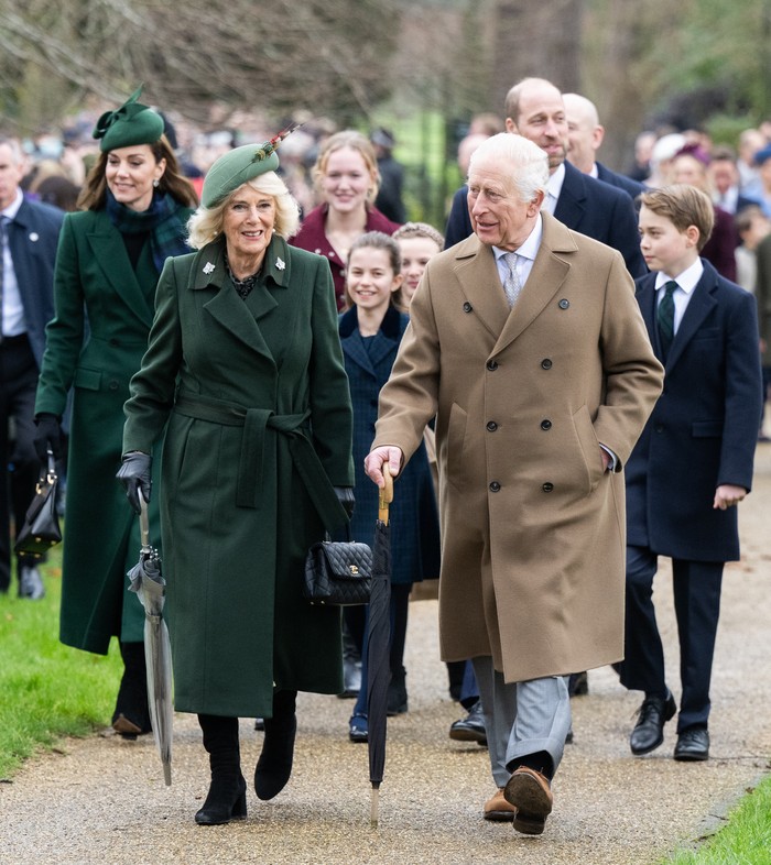 SANDRINGHAM, NORFOLK - DECEMBER 25: Catherine, Princess of Wales, Queen Camilla, Princess Charlotte of Wales, King Charles III, Prince William, Prince of Wales and Prince George of Wales attend the Christmas Morning Service at Sandringham Church on December 25, 2024 in Sandringham, Norfolk. (Photo by Samir Hussein/WireImage)